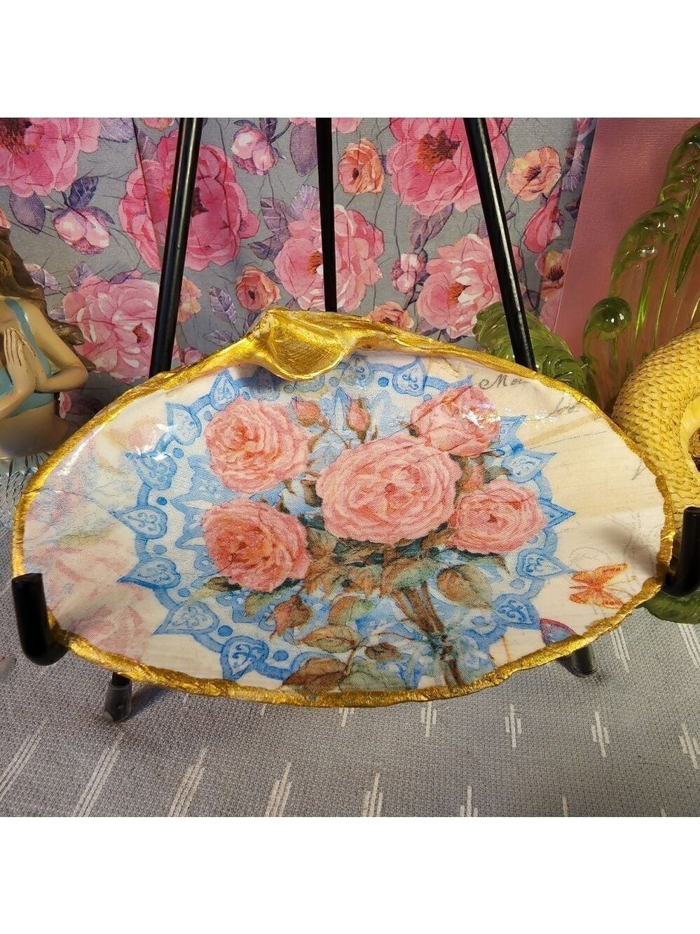 DECOUPAGE CLAM SHELL DECOUPAGE FLOWERS TRINKET DISH